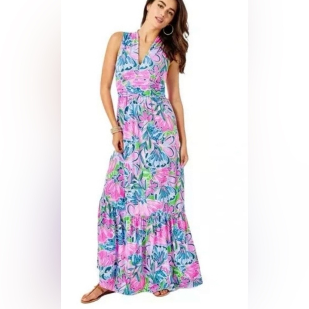NWT Lilly Pulitzer Pearce Maxi Dress Gecko Green Tiger Sunrise